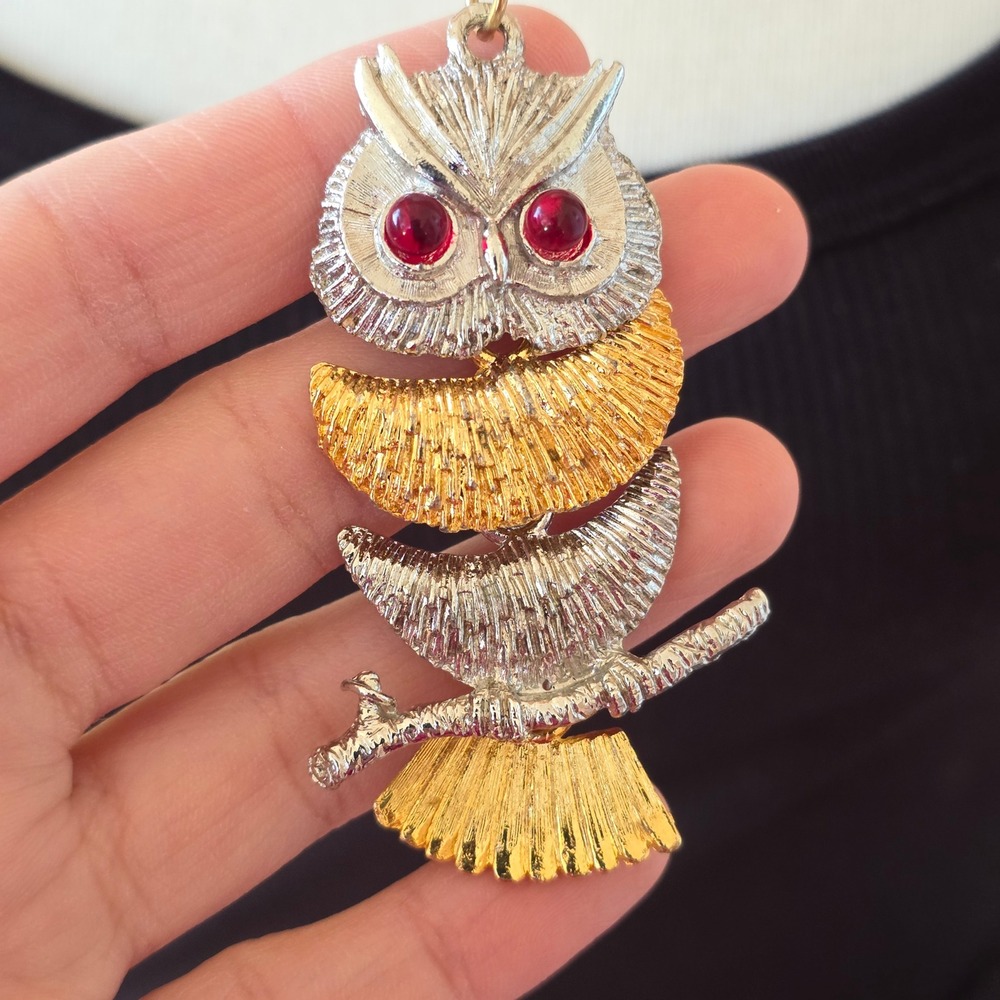 Vintage Owl Pendant Necklace Gold Silver Tone Red Rhinestone Eyes Long Chain